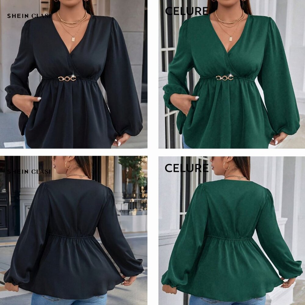 Lot of 2 - Shein Surplice V-neck Waist-Cinched Long Lantern Sleeve Peplum Blouse